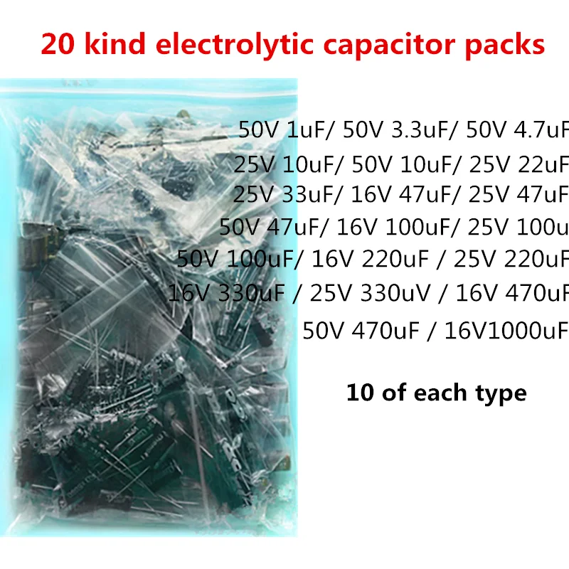 20 видов электролитических конденсаторов 50 В 1 мкФ/ 50 В 3,3 мкФ/ 50 В 4,7 мкФ/10 МКФ/22 МКФ/33 МКФ/47 МКФ/100 МКФ/220 МКФ / 3300 МКФ/ 470 МКФ / 1000 МКФ0