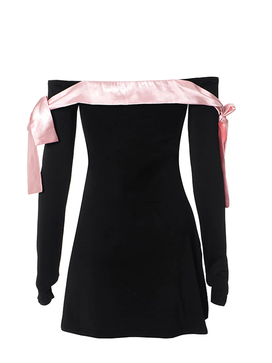 Женское мини-платье Y2k с открытыми плечами, сексуальные банты с длинным рукавом, приталенное Короткое платье для вечеринки, клубное платье0