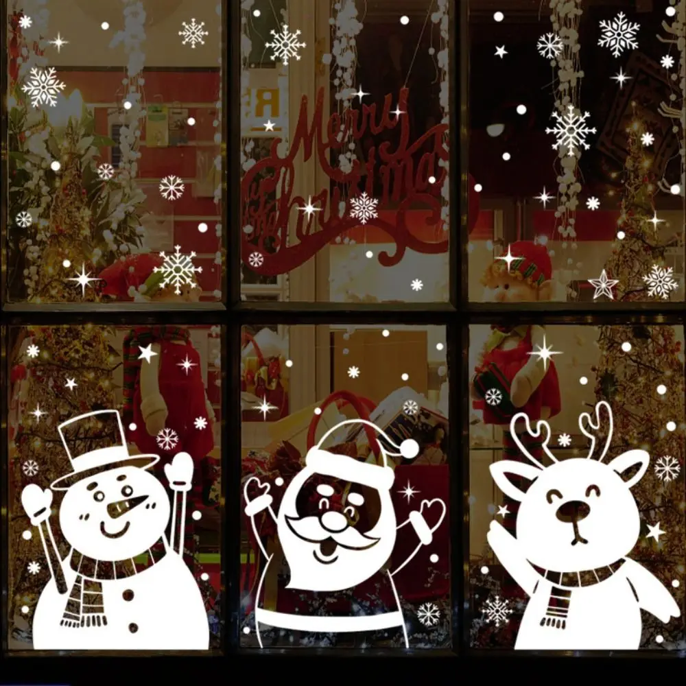 Мультфильм Санта Клаус Снеговик Лось Наклейки На Окно Рождественская Снежинка Электростатическая Наклейка На Стену Для Домашнего Новогоднего Украшения0