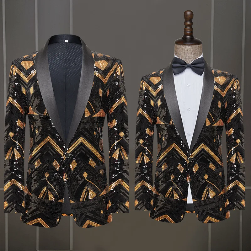 Новое мужское пальто, блейзер с черными золотыми блестками, платье для выступления на свадьбе в ночном клубе (только куртка)0