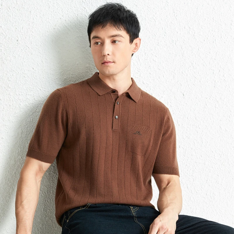 Приталенный кашемировый мужской свитер с отворотом, повседневный модный кофейно-коричневый классический мужской вязаный пуловер с коротким рукавом, свитер0