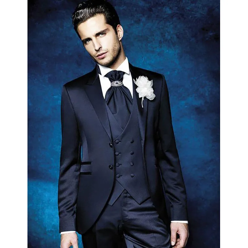 Роскошные свадебные Элегантные вечерние костюмы для мужчин, Блейзер, темно-синий пиджак-тройка, Брюки, жилет, Приталенный, с козырьком, Однобортный0