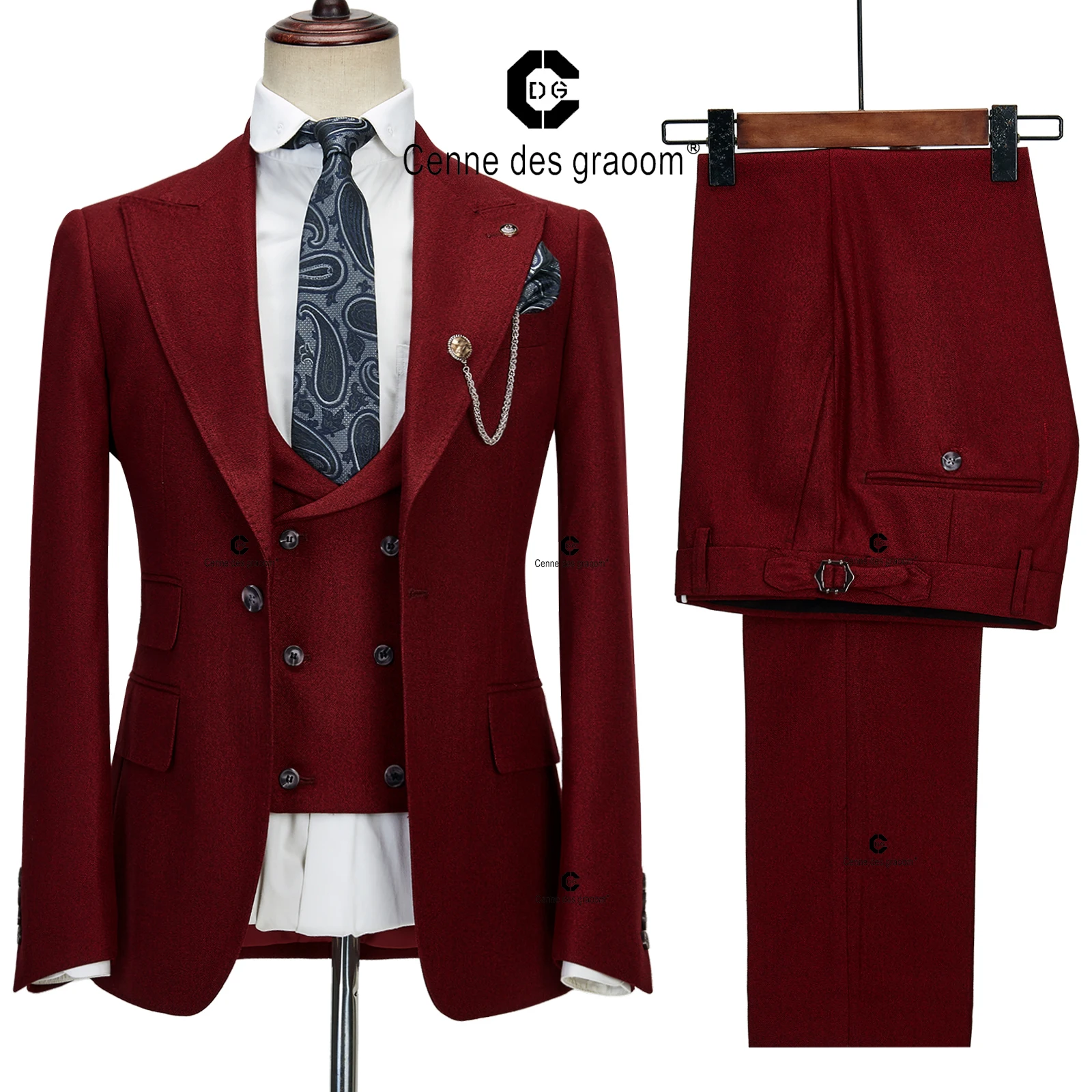 Темно-бордовый мужской костюм Centne Des Graoom, элегантный однобортный пиджак на 1 пуговице, жилет, Брюки, деловой Повседневный свадебный костюм Homme0