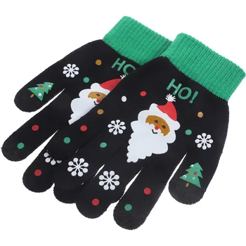 1 пара осенне-зимних вязаных толстых теплых женских перчаток с рисунком для трогательных пальцев (черный)