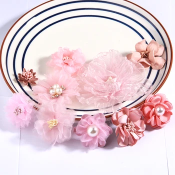 10 шт./лот, набор смешанных стилей из розовой серии, цветы из шифоновой ткани для украшения свадебного платья, шляпы, обуви