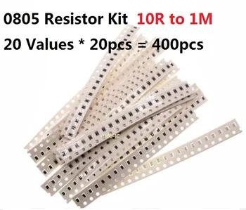 20 Значений * 20шт = 400шт Комплект резисторов SMD 0805 10 Ом-1 М 5% Сопротивление Ассорти Комплект 100R 470R 1K 2.2K 6.8K 10K 100K Упаковка чипов