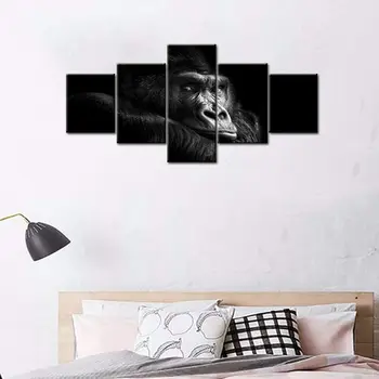 5шт Красивый портрет самца Гориллы Картины на черном фоне Милый Шимпанзе Обезьяна Детская комната Холст Домашний декор Современная стена