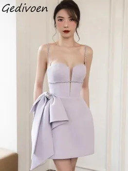 Gedivoen Осеннее модное дизайнерское светло-фиолетовое винтажное платье-слинг, женское сексуальное мини-платье с V-образным вырезом и бантом в виде бриллианта, с высокой талией, тонкое, короткое