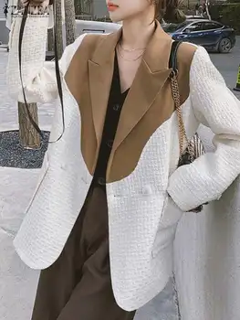 ZANZEA 2023 Рабочая офисная куртка с длинным рукавом, Осенний Женский Блейзер с цветными блоками, пуговицы на лацканах спереди, винтажные тонкие пальто из текстурированной ткани