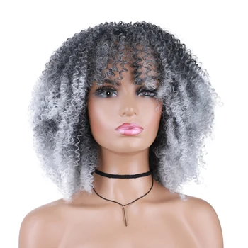 Афро-кудрявый Серый парик с челкой, короткий парик для черных женщин, бесклеевой Синтетический Серый парик для косплея.
