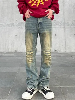 Весенне-осенние уличные джинсы для мужчин Y2K с прямыми штанинами, застиранные брюки с карманом на пуговицах, окрашенные чернилами, A167
