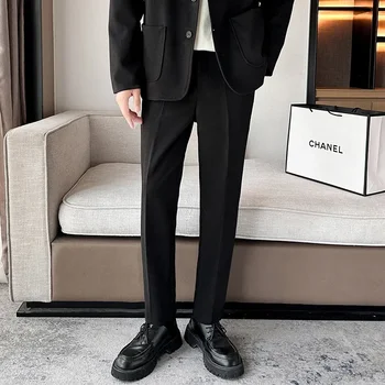 Высококачественные Простые шерстяные мужские деловые повседневные брюки Черного, коричневого, синего цвета, модные Роскошные прямые осенне-зимние укороченные брюки