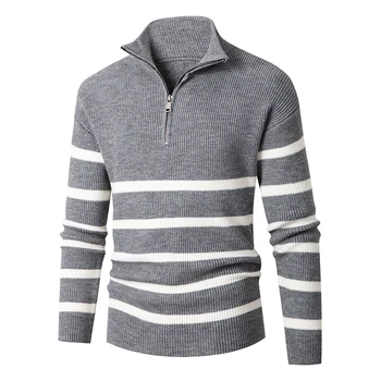 Высококачественный мужской свитер на молнии спереди, повседневные пуловеры в полоску, свитера, осенне-зимние свитшоты, домашний топ