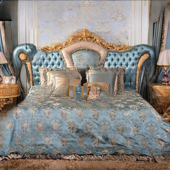 Дворцовая резная кровать из массива дерева в европейском стиле, французская роскошная тканевая двуспальная свадебная кровать, мебель для виллы в стиле барокко