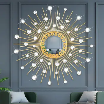 Декор зеркал Sunburst для гостиной, 24-дюймовое большое круглое зеркало с кристаллами Starburst и бриллиантами для домашней спальни, декоративное украшение середины века