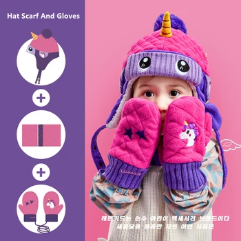 Детские лыжные шапочки и шарфы в стиле динозавра и единорога, детские зимние шапки, детские теплые перчатки для мальчиков, Костюм для девочек, Шапка, шарф и перчатки