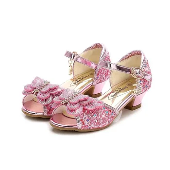 Детские сандалии для девочек, свадебные сандалии для девочек, хрустальные туфли на высоком каблуке, банкетные розовые золотые синие кожаные туфли с блестками, бабочка