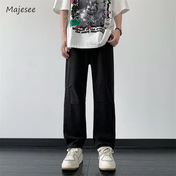 Джинсы мужские S-3XL, уютные базовые однотонные черные Летние мешковатые брюки в стиле хип-хоп для подростков из колледжа, стильная одежда в корейском стиле, Красивые популярные