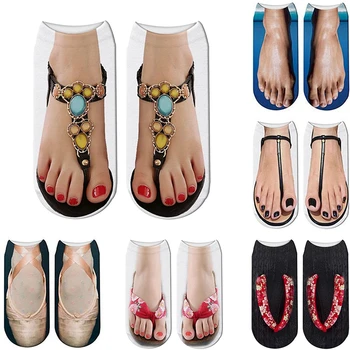 Забавные женские носки с 3D-принтом, мультяшные вьетнамки, женские балетные туфли с креативным красочным принтом, милые носки до щиколотки