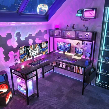 Компьютерный стол L-образной формы со светодиодной лентой и розетками Компьютерный игровой стол Письменный для офисной мебели