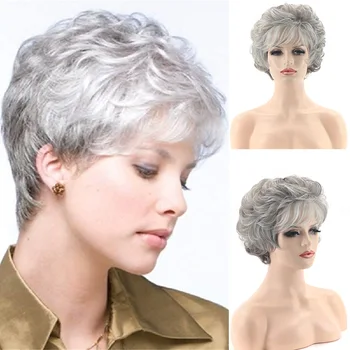 Короткослойный женский парик с белым градиентом, не совсем белый синтетический парик с короткими вьющимися волосами, пушистая челка, термостойкий полный головной убор