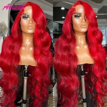 Красный парик из натуральных волос с объемной волной, предварительно выщипанный Бесклеевой парик 13X4 13x6, Прозрачный парик с кружевной фронтальной частью для женщин