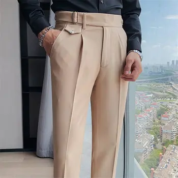 Летние Новые Однотонные брюки с высокой талией в британском стиле, мужские Официальные брюки 2023, Высококачественные Облегающие Деловые Повседневные костюмные брюки H120