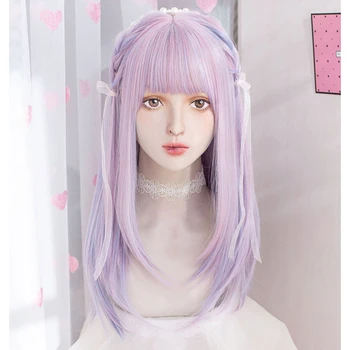 Лолита Синтетический парик с челкой для женщин Длинные прямые Розово Фиолетовые волосы Парик Косплей Вечеринка Термостойкий