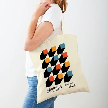 Минималистичные женские сумки для покупок в стиле Баухауз, повседневная холщовая сумка на плечо с двойным принтом для ребенка, сумка для покупок в абстрактном цветном блоке