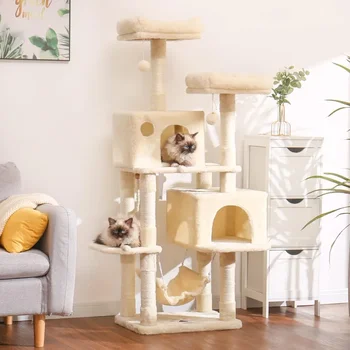 Многоэтажная мебель для квартиры из кошачьего дерева с когтеточками из сизаля и 2 плюшевыми квартирами с гамаками и игрушечными шариками