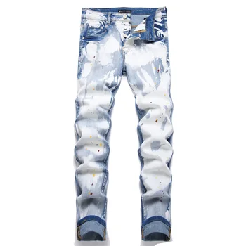 Модные трендовые синие джинсы 2023 Осенние мужские повседневные брюки в стиле хип-хоп со средней талией, стрейчевые брюки с узкими штанинами