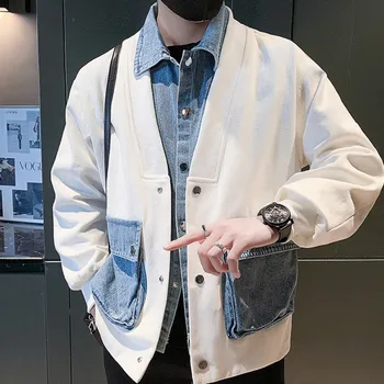 Мужская куртка-бомбер с двумя джинсовыми строчками, весенняя повседневная ветровка с лацканами, уличная одежда в стиле хип-хоп, куртка, пальто, верхняя одежда, мужская одежда