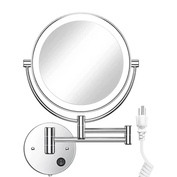 Настенное подвесное зеркало со светодиодной подсветкой, круглое, двустороннее, увеличительное в 1X/10X, с кнопкой подсветки, поворотное на 360 градусов, Хромированная вилка из США