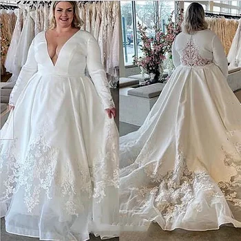 Очаровательные свадебные платья больших размеров для женщин, свадебные платья трапециевидной формы с длинными рукавами, Атласные платья с кружевной аппликацией 2024 года, Vestidos De Novia