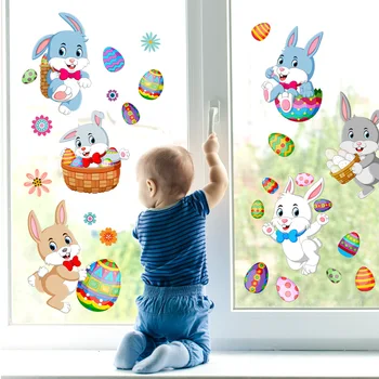 Пасхальное украшение 2024 Милый мультяшный кролик, наклейки на окна с яйцом-кроликом, сделай САМ, Стеклянная наклейка для Пасхальной вечеринки, Пасхальные Подарки для детей