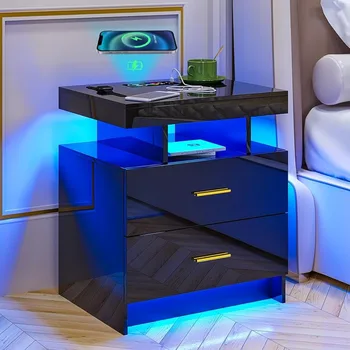 Приставной столик для мебели спальни, светодиодная тумбочка, современная прикроватная тумбочка с автоматическим датчиком, 24 цвета подсветки и 2 выдвижных ящика