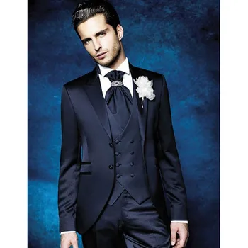 Роскошные свадебные Элегантные вечерние костюмы для мужчин, Блейзер, темно-синий пиджак-тройка, Брюки, жилет, Приталенный, с козырьком, Однобортный