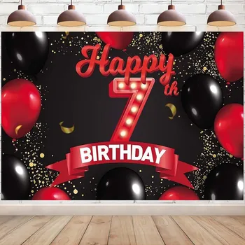 С 7-м Днем Рождения, Красно-черный баннер, Декорации, воздушные шары, Реквизит для фотобудки, 7-летняя вечеринка, принадлежности для фона