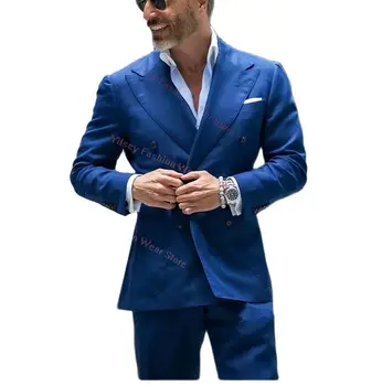 Синий Двубортный блейзер с большим карманом Брюки Мужской костюм Элегантный Комплект Роскошной одежды Дизайнер Бойфренд Приталенная Мужская одежда