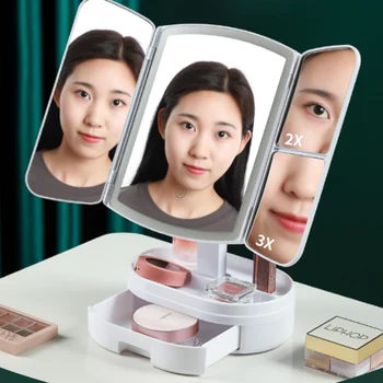 Складное зеркало для макияжа с выдвижным ящиком Настольный Домашний Настольный светодиодный светильник с функцией Smart Fill Light Портативное зеркало для макияжа Touch 2023