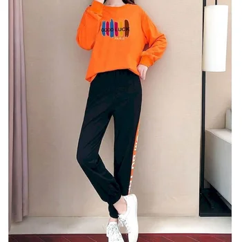Спортивные комплекты брюк с принтом Женские спортивные костюмы Пуловер с длинным рукавом Повседневные спортивные штаны в корейском стиле Свободная одежда для бега