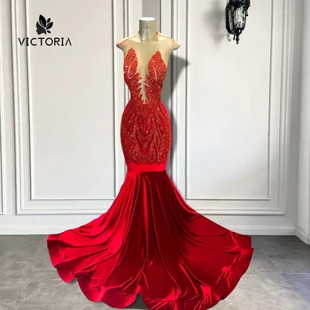 Уникальное красное бархатное платье для выпускного вечера Rainstone 2024, сексуальные кристаллы Русалки, Черные платья для выпускного вечера для девочек, расшитые блестками, для вечеринки в Африканском стиле