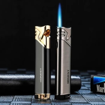 Честная металлическая газовая надувная зажигалка для сигар, креативный ветрозащитный Компактный Мини-подарок для курения сигарет с прямым синим струйным пламенем