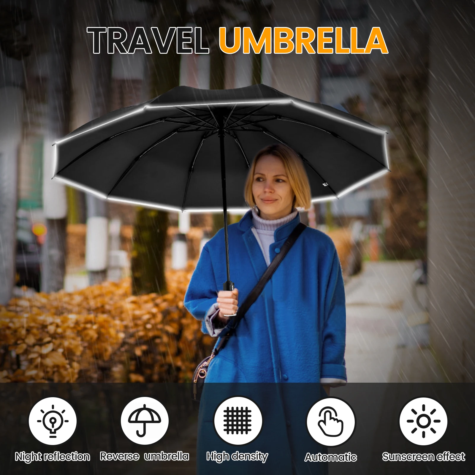 Зонт с 10 ребрами наклона, автоматический зонт со светоотражающей полосой, ветрозащитный, перевернутый Складной зонт, переносной зонт вверх дном.2