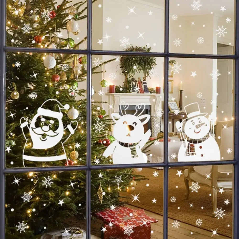 Мультфильм Санта Клаус Снеговик Лось Наклейки На Окно Рождественская Снежинка Электростатическая Наклейка На Стену Для Домашнего Новогоднего Украшения2