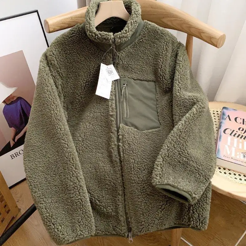 Осенне-зимняя японская мужская и женская флисовая куртка с воротником-стойкой, пара свободных теплых пальто из овечьей шерсти, однотонная куртка2