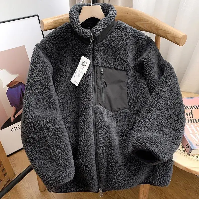 Осенне-зимняя японская мужская и женская флисовая куртка с воротником-стойкой, пара свободных теплых пальто из овечьей шерсти, однотонная куртка3