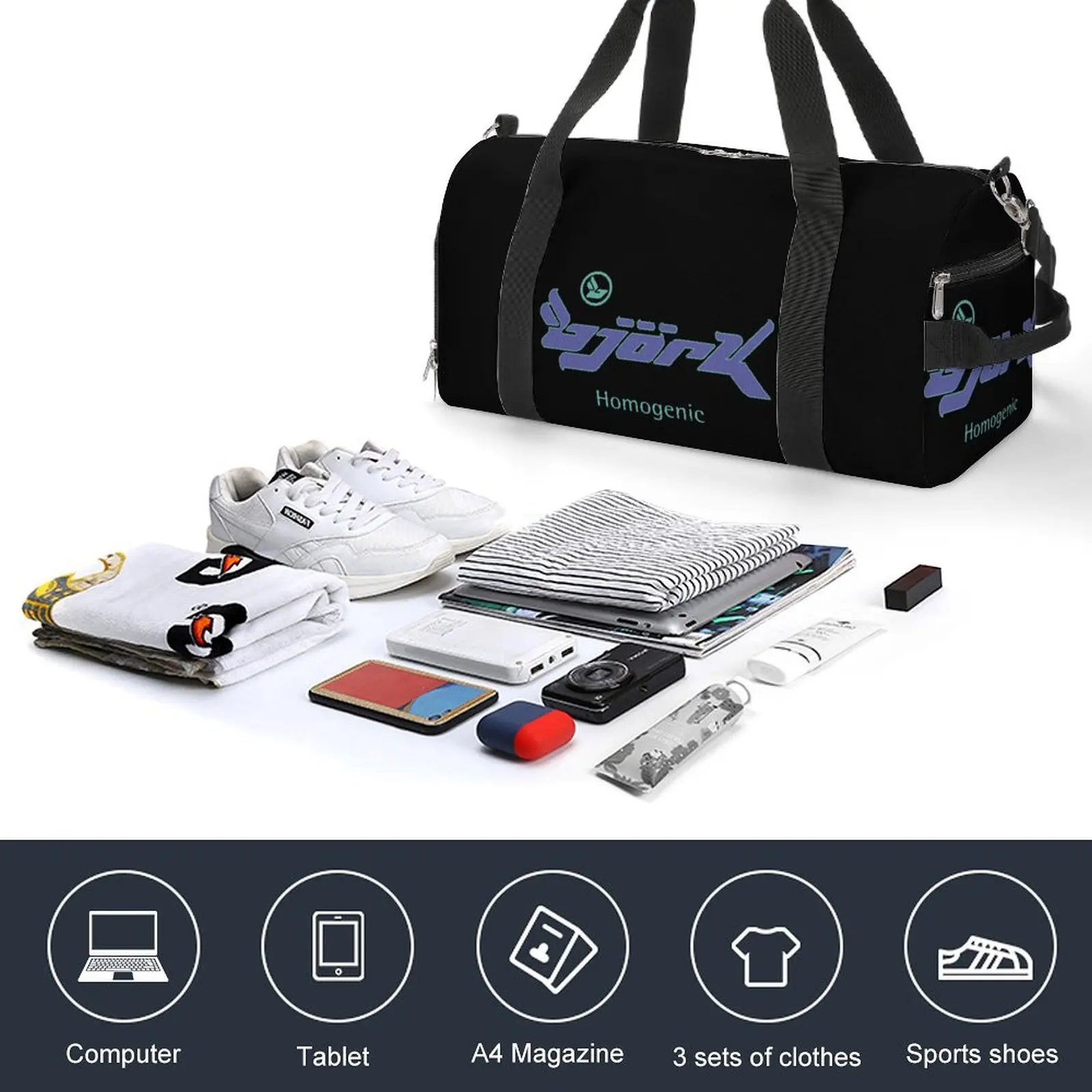 Графический Однородный логотип Bjork, спортивная сумка для путешествий, спортивные сумки для тренировок, дизайн пары, Большая графическая сумка для фитнеса, Оксфордские сумки4