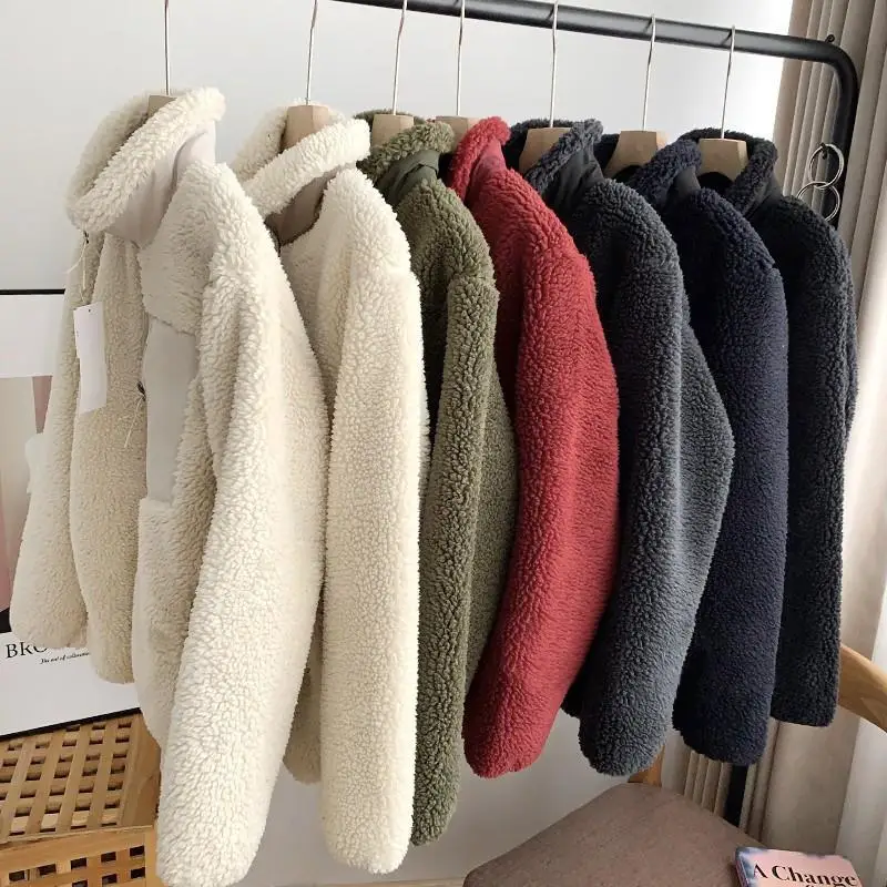 Осенне-зимняя японская мужская и женская флисовая куртка с воротником-стойкой, пара свободных теплых пальто из овечьей шерсти, однотонная куртка4