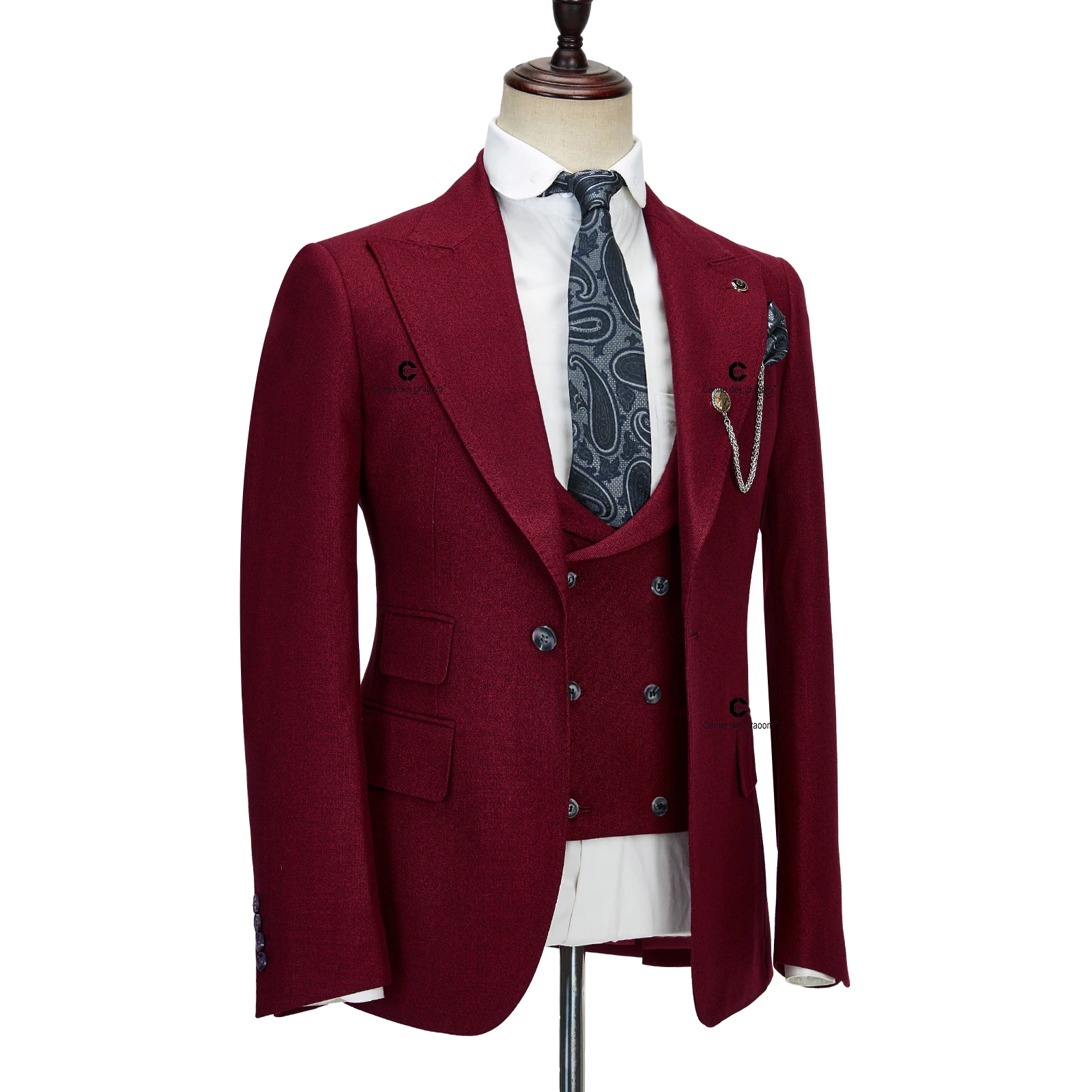 Темно-бордовый мужской костюм Centne Des Graoom, элегантный однобортный пиджак на 1 пуговице, жилет, Брюки, деловой Повседневный свадебный костюм Homme4